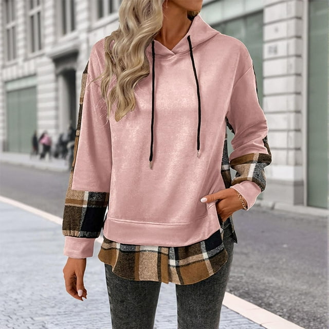 HongQid Womens Hoodie Hooded Sweatshirt Pullover Hoodies Y2k Long Sleeve with Pocket Plaid Contrast