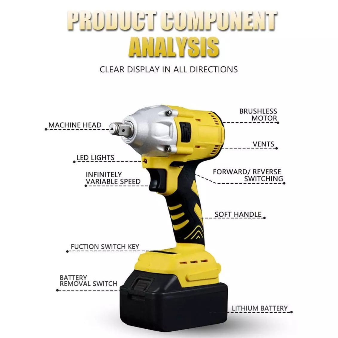 XEENSO Cordless Electric Impact Wrench Gun 1/2'' High Power Driver with Li-ion Battery