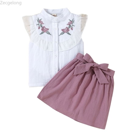Zecgelong Summer New Sleeveless Lapel Button Button Embroidered Top + Solid Color Bow Skirt Fashion Girls Set Girls Summer Sets Age 15-24 Months