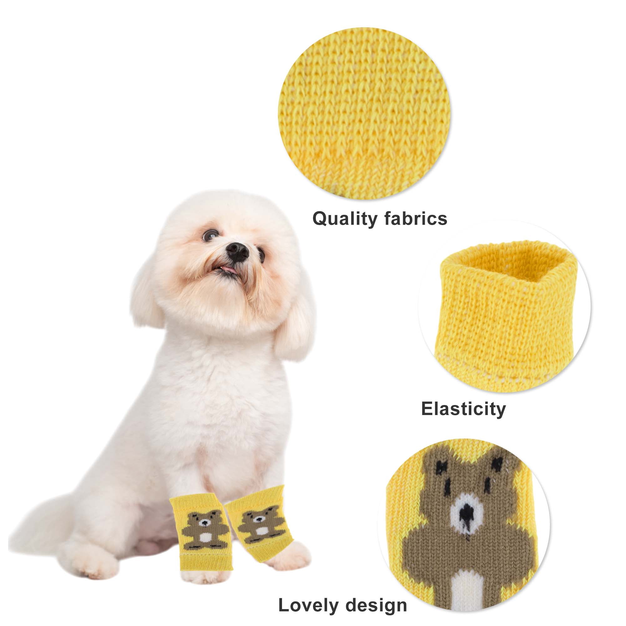 Unique Bargains Pack of 4 Dog Leg Soft Knitted Dog Socks Joint Protection Yellow  Bear S