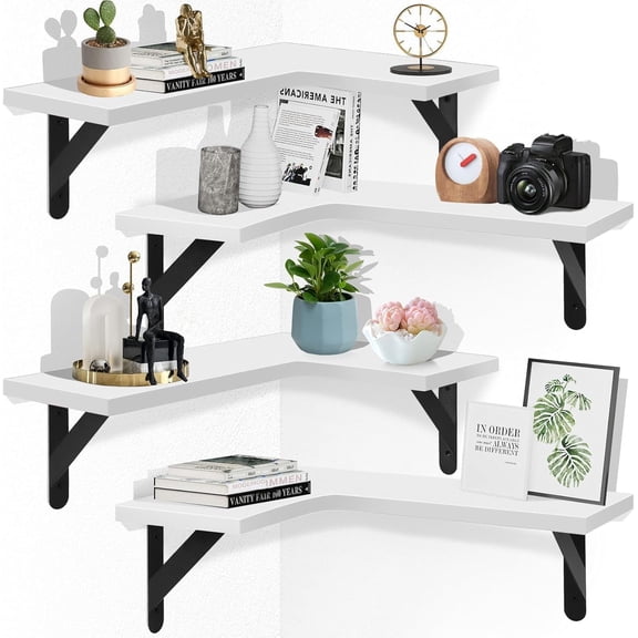 Corner Floating Shelves Set of 4,L-Shaped Wall Mounted Shelf,Rustic Wood Corner Shelvesfor Wall Storage and Decor,Wall Mounted Wood Shelves for Kitchen Living Room Bedroom,White