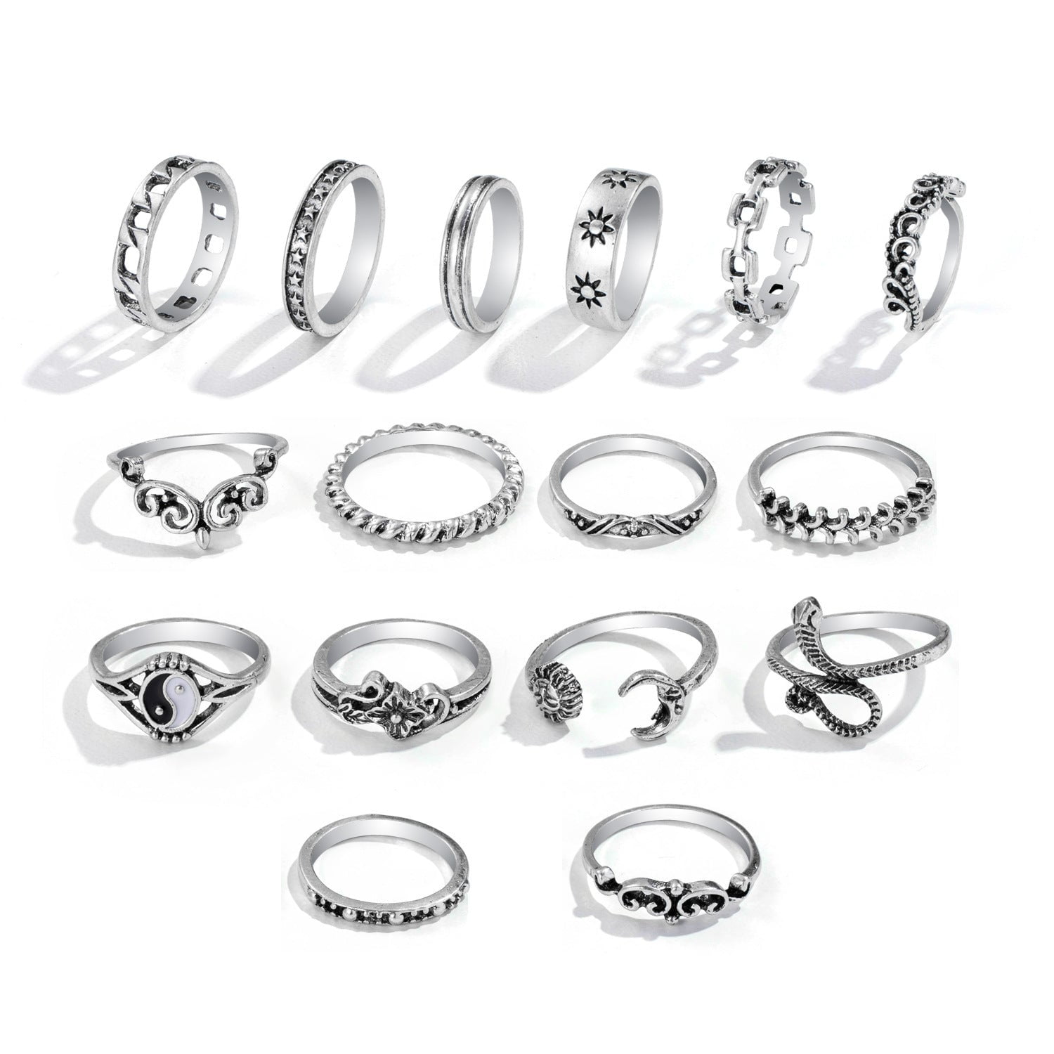 Personalized Retro Trendy Rings Set with Embossed Elephant Design - 16 Pieces, Women's Alloy Rings, Hollow, Snake, Tai Chi, and Moon Styles