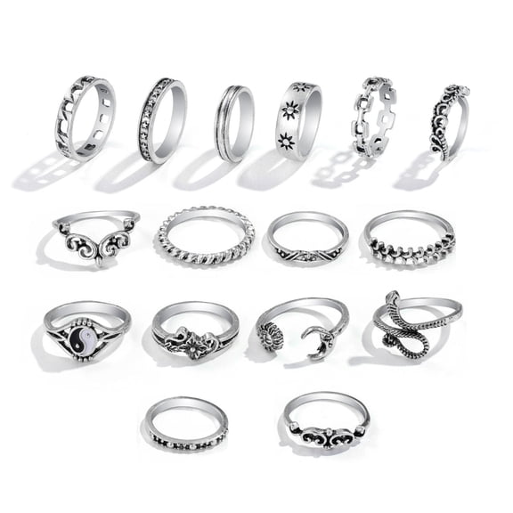 Personalized Retro Trendy Rings Set with Embossed Elephant Design - 16 Pieces, Women's Alloy Rings, Hollow, Snake, Tai Chi, and Moon Styles