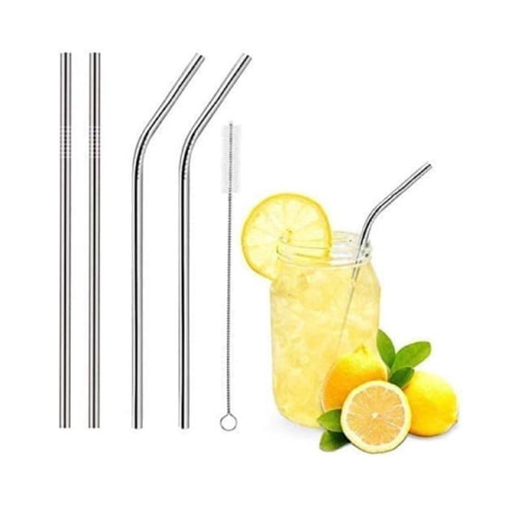 Reusable 304 Stainless Steel Drinking Straws (2 Bend & 2 Straight Straws, 1 Cleaning Brush) Reusable BPA-Free Metal, Thick, Long, Dishwasher Safe Stainless Steel Drinking Straws