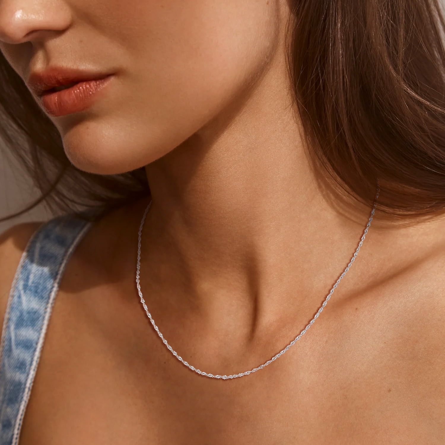 Suplight 925 Sterling Silver Women Necklace Waterwave Chain for Women 2mm 18"22" Slim Chain Jewelry Gift