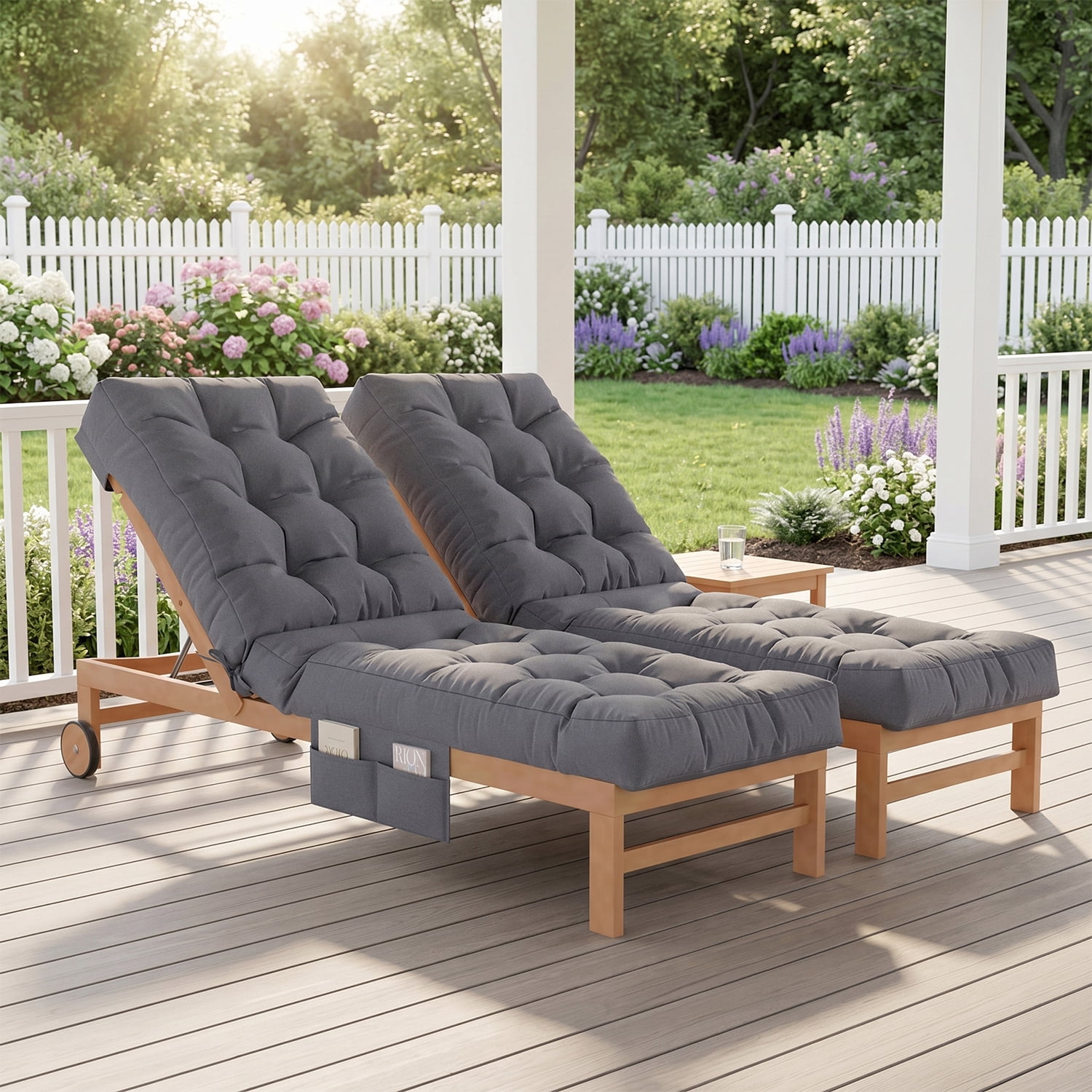 BaPiPro Gray 2-Pack Outdoor Chaise Lounge Cushion with Side Pocket, Triple Non-Slip Fixation, All-Weather Durable & Soft Fabric, Thickened Padding, Ideal for Patio and Poolside Use