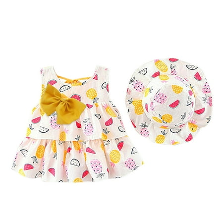 

Toddler Girls Casual Sleeveless Pineapple Print Princess Dress Hat Outfits