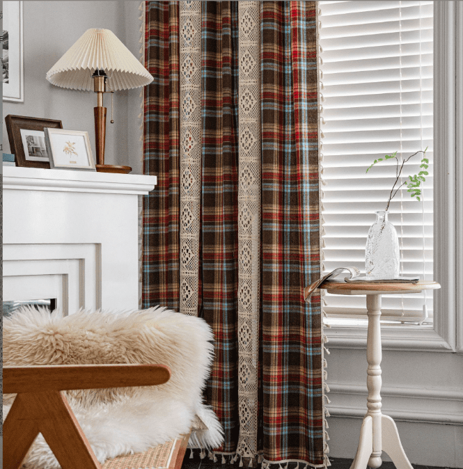 Boho Curtains Plaids for Bedroom, Semi Blackout Linen Farmhouse Tassels Window Treatment Bohemian Drape, Rod Pocket 1 Panel