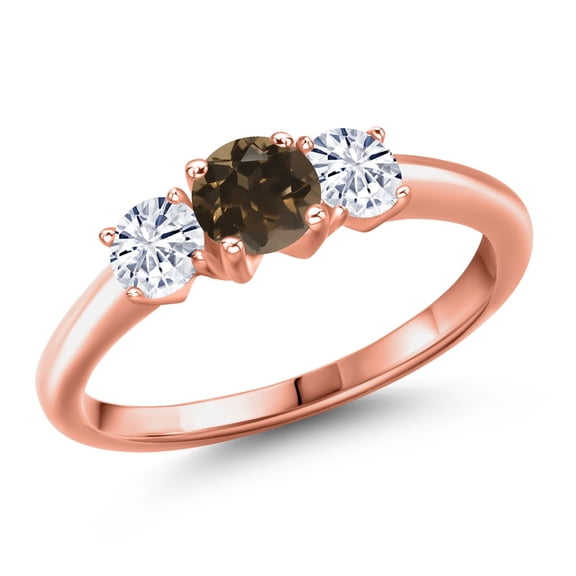 Gem Stone King 18K Rose Gold Plated Silver Brown Smoky Quartz and White Moissanite Engagement Ring for Women | 0.96 Cttw | Round 5MM | Gemstone Birthstone | Size 7