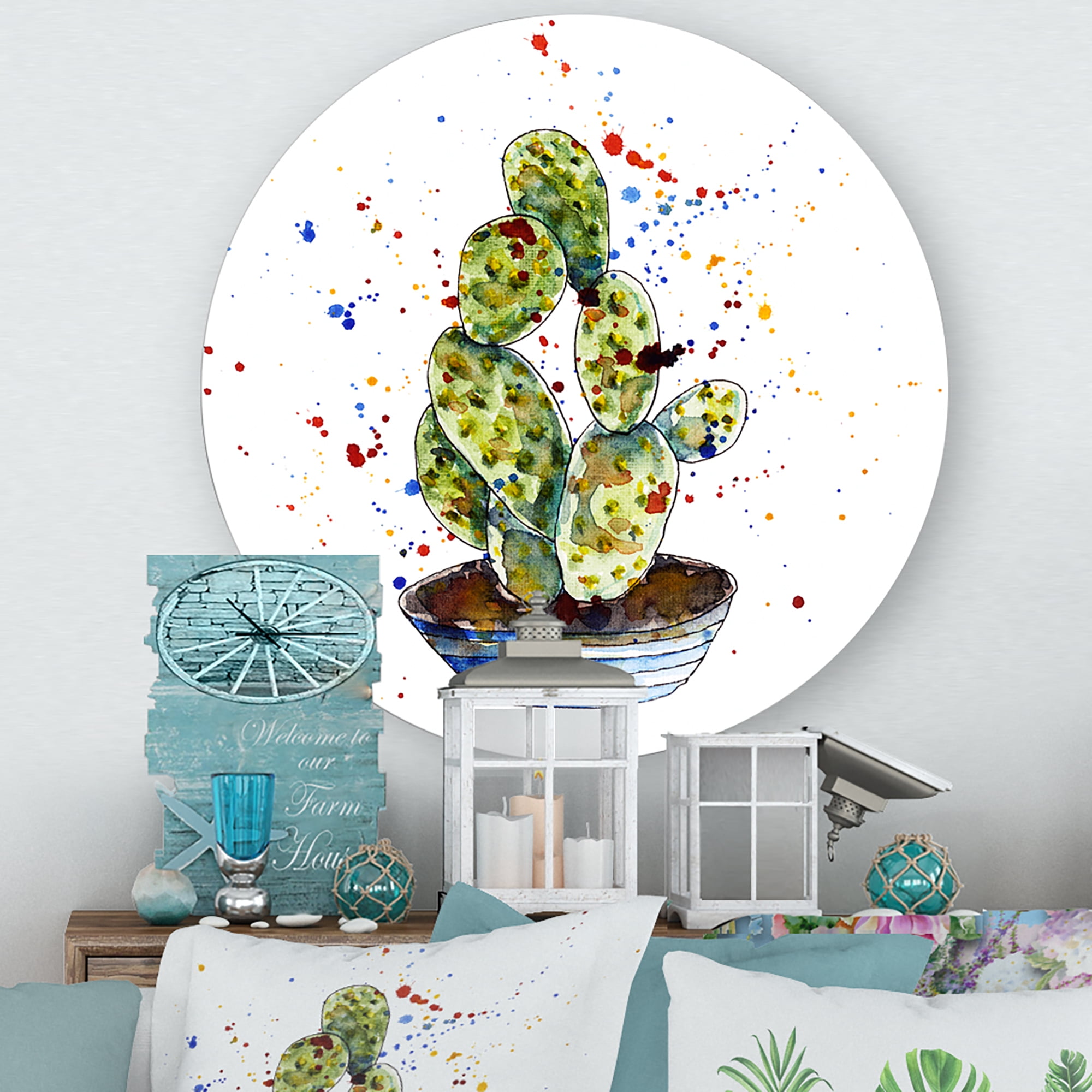 Designart 'Abstract Cactus Houseplant' Traditional Circle Metal Wall Art 23x23 - Disc of 23