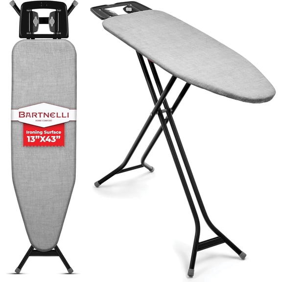 Bartnelli Extreme Stability Ironing Board 43x13, Height Adjustable Heavy Duty Steel Frame with Iron Rest, Foldable Non-Skid Legs, 100% Cotton Scorch Resistant Cover, Gray/Black