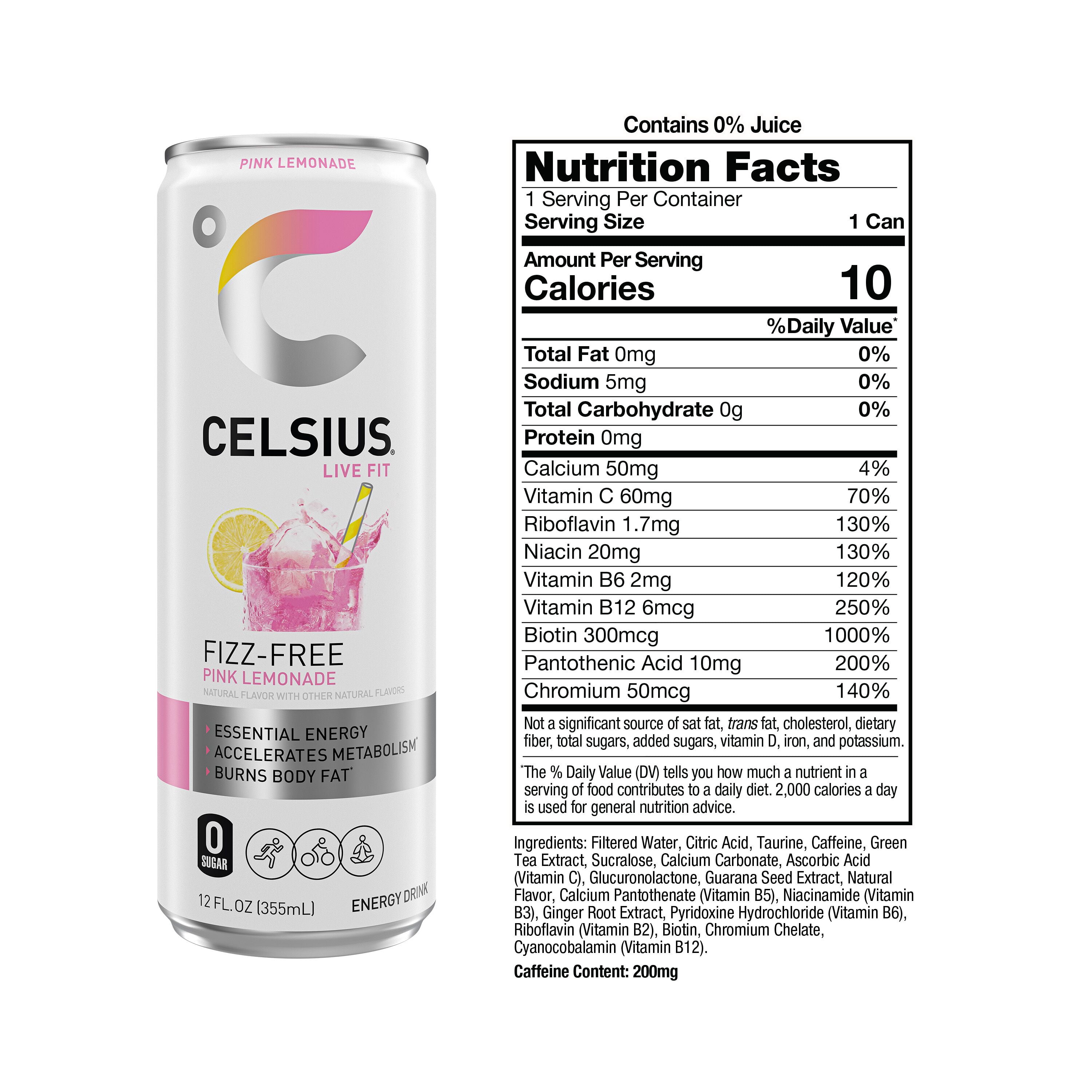 CELSIUS Fizz Free Pink Lemonade, Functional Energy Drink 12 fl oz Single Can