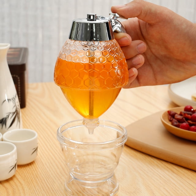 Pluokvzr Distributeur de Miel avec Base Distributeur de Sirop Sans Goutte Pot de Sirop en Plastique Réutilisable 200ml Grande Capacité