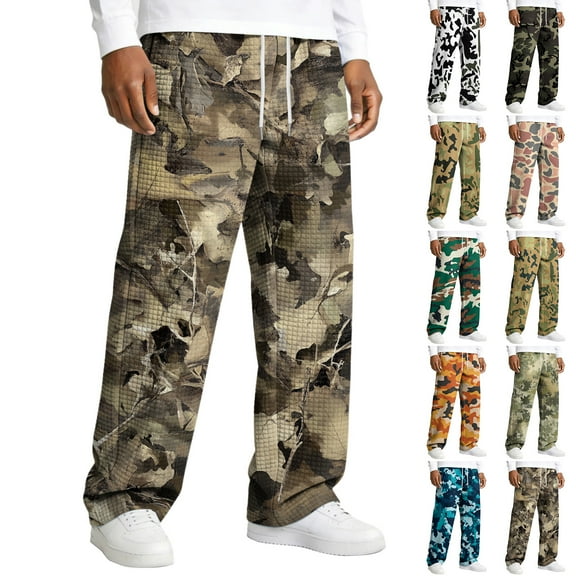 Havenx Baggy Camo Sweatpants for Men Wide Leg Elastic Waist Sweatpants Camoflage Drawstring Trousers with Pockets Workout Outdoor Hiking Lightweight Comfy Jogger Pants,Deep Green 2XL