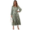 thumbnail image 1 of Ladies Autumn V-neck Printed Long Sleeve Elastic Waist Pleated Dress, 1 of 2
