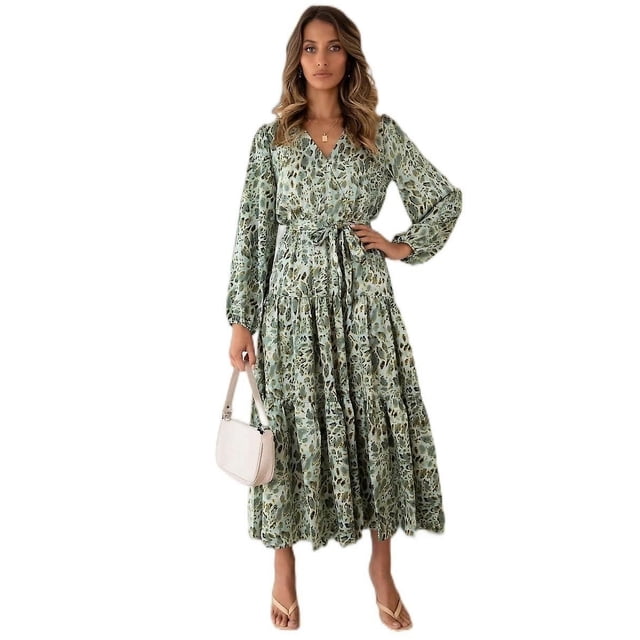 Ladies Autumn V-neck Printed Long Sleeve Elastic Waist Pleated Dress
