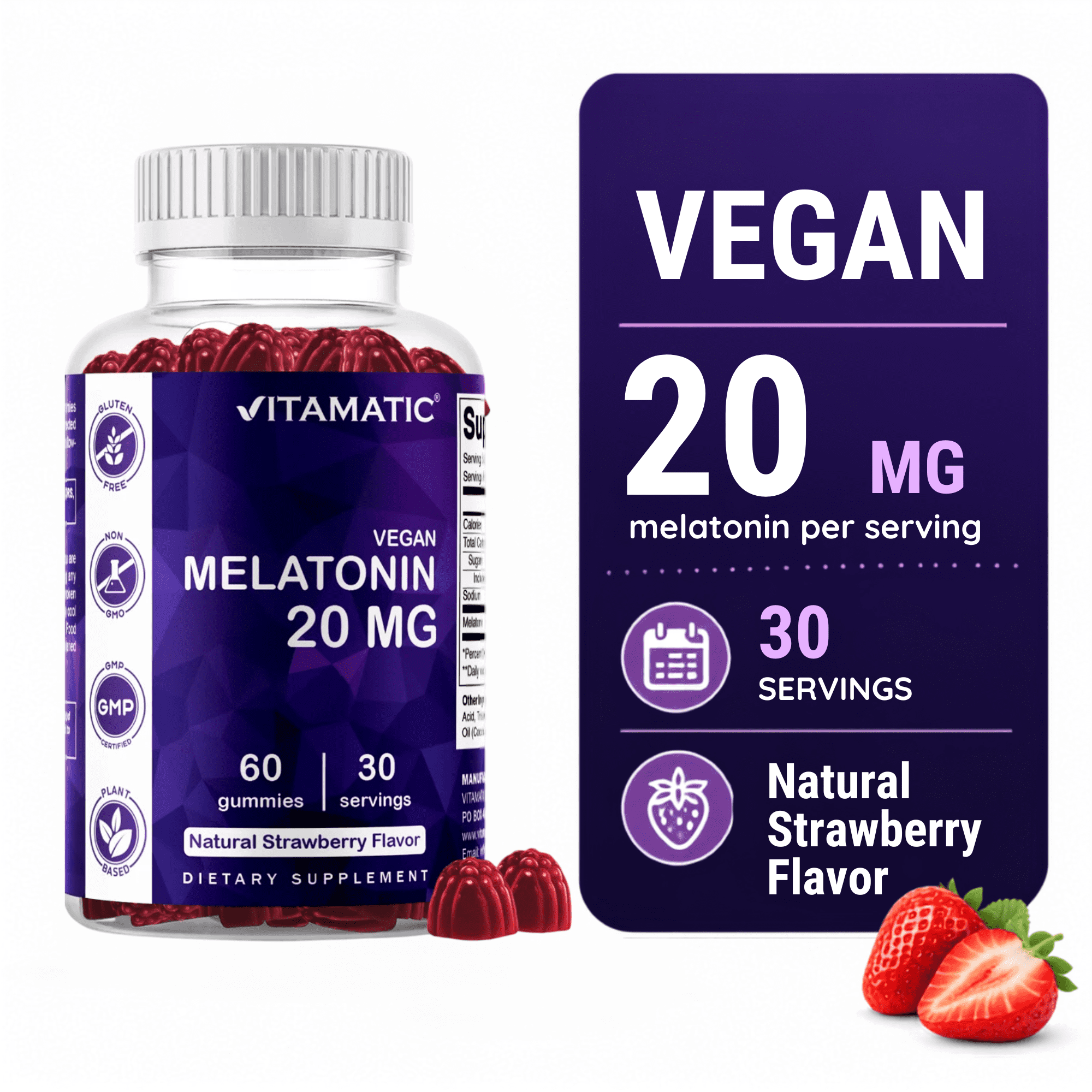 Vitamatic Melatonin 20mg Gummies for Adults, 30 Servings - 60 Vegetarian Gummies - Non-Habit Forming Sleep Aid Supplement