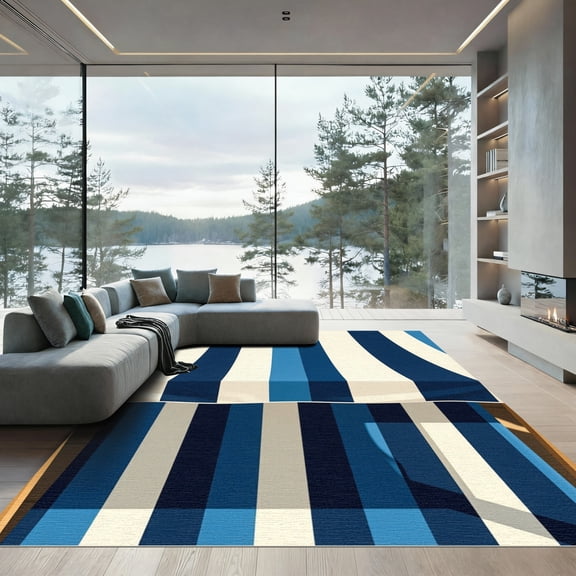 ODIKA 4' x 6' Machine Washable Non-Slip Area Rug, beachy striped High Traffic Rug, Blue, 1165499