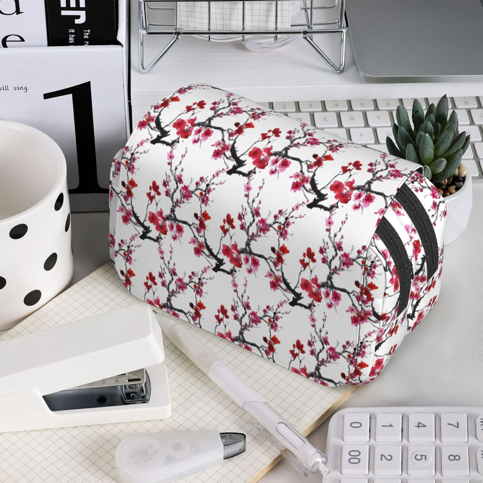 Rateoe Cherry Blossoms Pattern Double Clamshell Pen Case, Storage Organizer with Two Zipper Compartments– Holds Up to 50 Pencils & Pens