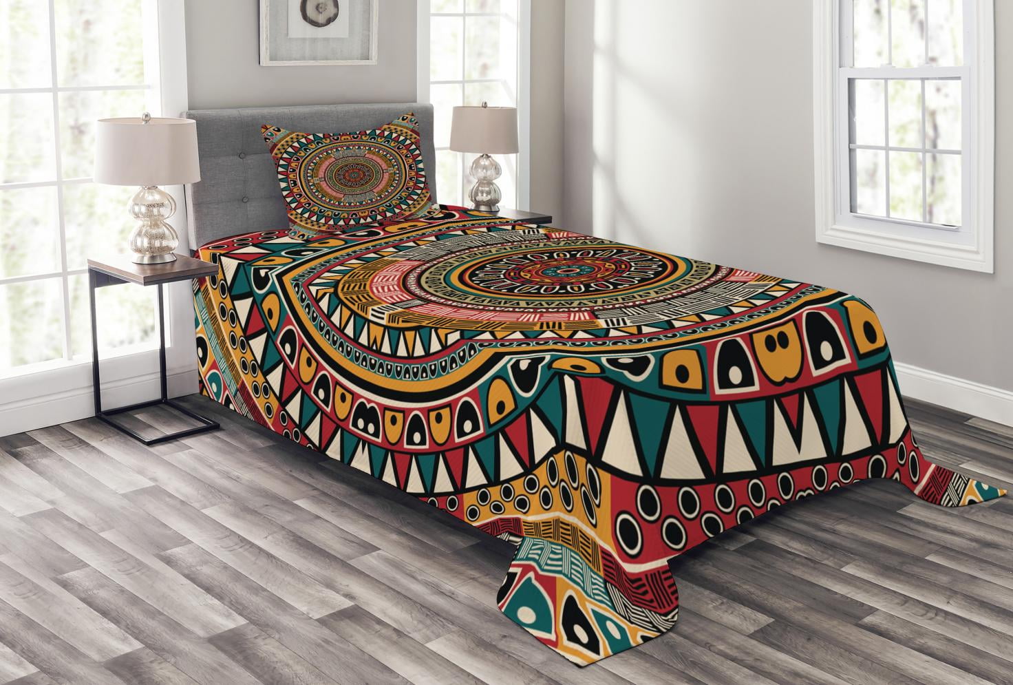 Tribal Bedspread Set, African Folkloric Tribe Round Pattern with Ethnic