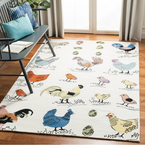 SAFAVIEH Novelty Gracelyn Roosters and Chicks Wool Area Rug, Ivory/Blue, 5' x 8'
