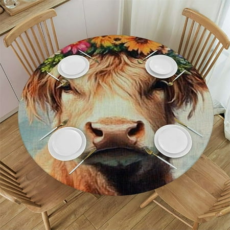 

SHERONV Cow With Flower Crown Round Tablecloth Washable Stain-Resistant 54 -58