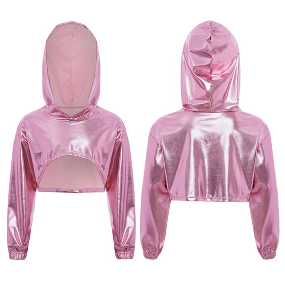 Hansber Shiny Metallic Hooded Crop Top for Girls Hip Hop Jazz Dance Shirt Cropped Hoodie Sweatshirts Pink 6