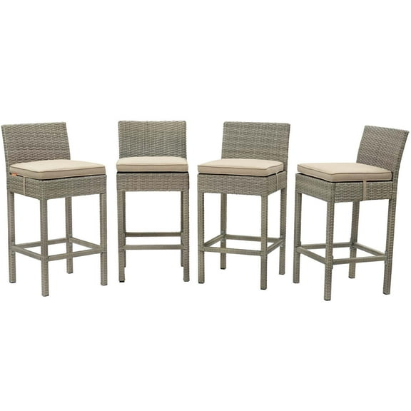 Contemporary Modern Urban Designer Outdoor Patio Balcony Garden Furniture Bar Side Stool Chair, Set of Four, Fabric Rattan Wicker, Beige