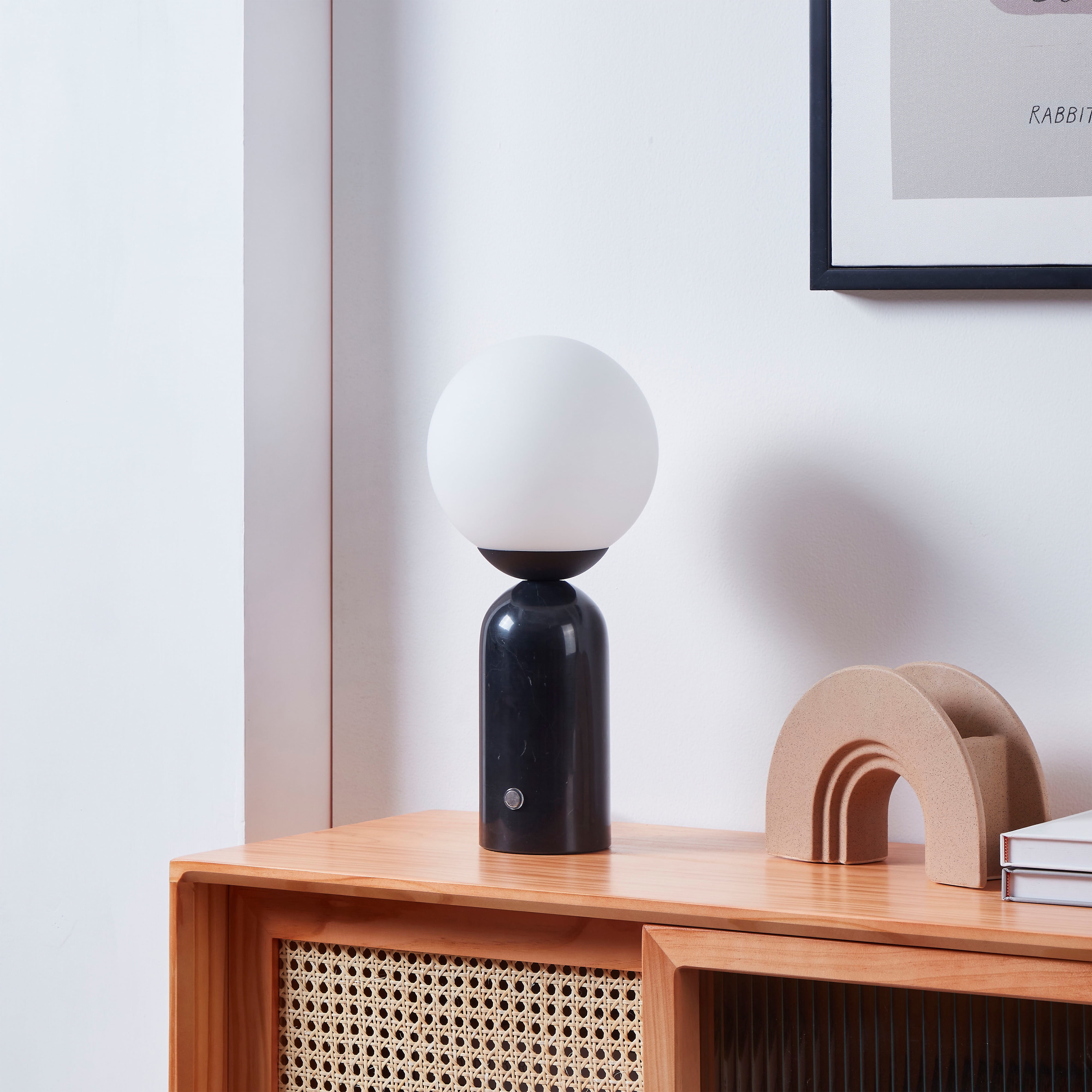 Brightech Mila Tall LED Table Lamp - Bedside Reading Light with Elegant Marble Base, Globe Lamp Shade - Modern Desk and Nightstand Lamp with Ambient Lighting for Bedroom, Living Room, Office - Black