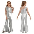 thumbnail image 5 of inlzdz Kids Girls Disco Outfit Off Shoulder Metallic Flare Jumpsuit Sequin Fringe Formal Dance Romper Silver 8, 5 of 5