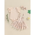 thumbnail image 5 of Aojekbee Baby Girls Summer Outfit Short Sleeves Rompers and Floral Suspender Skirt Headband 3 Piece Clothes Set, 5 of 10