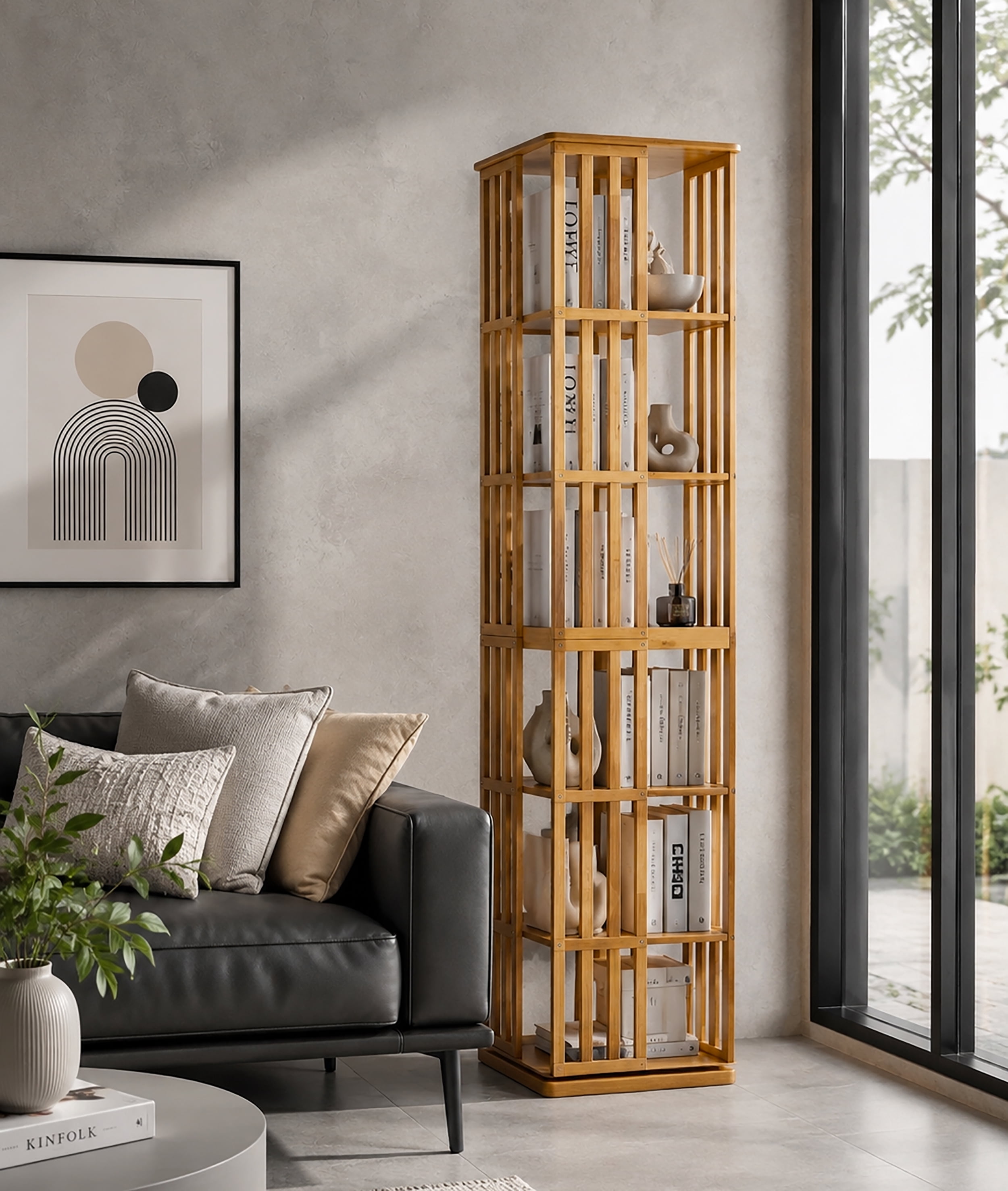 6-Tier 360° Rotating Bamboo Bookshelf Tower, Floor Standing Spinning Bookcase, Narrow Vertical Storage Rack for Kids Adults Home Office