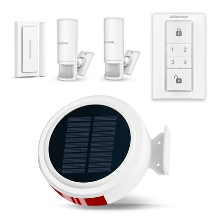 Wireless GSM Outdoor Solar Powered Burglar Home Security Alarm Siren, Waterproof RV Alarm DIY Driveway Alert System with 2 Motion Detector, 1 Door Sensors and Remote