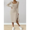 thumbnail image 6 of Women'S Autumn Dress 2 Long Sleeve Square Neck Knit Midi Beach Resort Dress Slit Slim Maxi Dress Beige Apricot XXL, 6 of 8