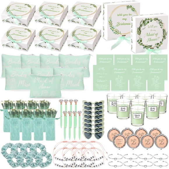 Nuogo 88 Pcs Bridesmaid Proposal Gifts Maid of Honor Gift Bridal Shower Gifts Cosmetic Makeup Bags Invited Cards Knotted Bracelets Scrunchies Hair Di