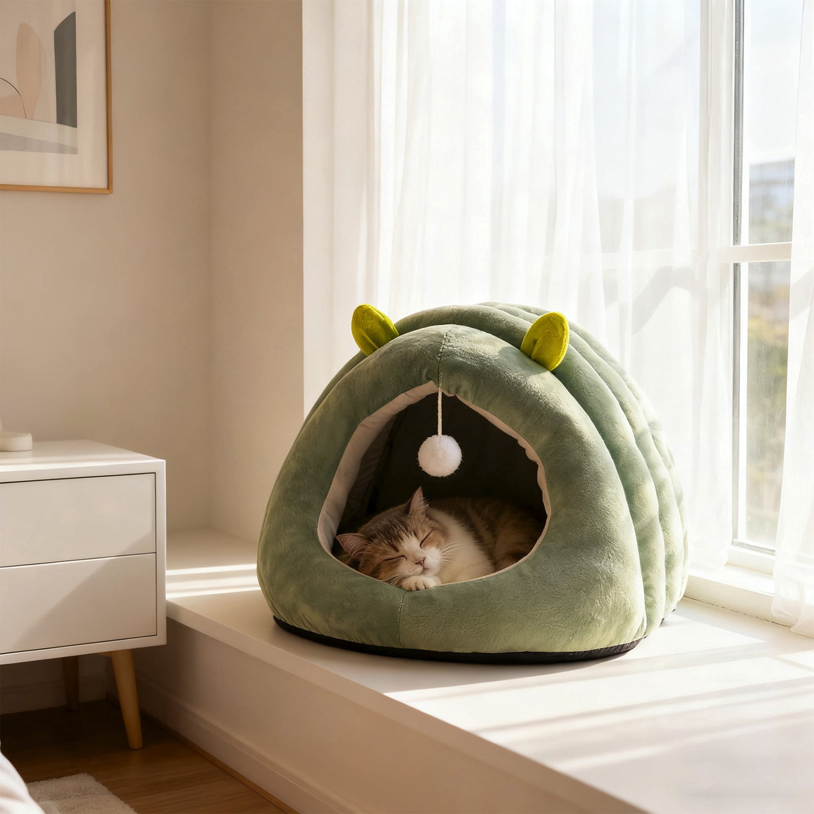 Green Upgraded Calming Pet Bed - Fluffy Plush Anti-Anxiety Cuddler Bed for Cats & Dogs, Warm Winter Snuggle Bed with Removable Cushion