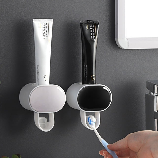 Dispensador automático de pasta de dientes Soporte de pared | Organizador exprimidor de pasta de plástico manos libres | Diseño fácil de empujar sin ensuciar | Instalación de adhesivo sin punzones |