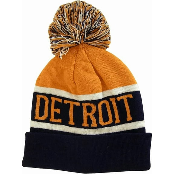 Detroit City Name Wide Stripe Winter Knit Pom Beanie Hat (Orange/Navy)