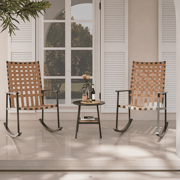 LAUSAINT HOME 3-Piece Outdoor Patio Furniture Set, 2 Wicker Rocking Chairs with Side Table, Brown