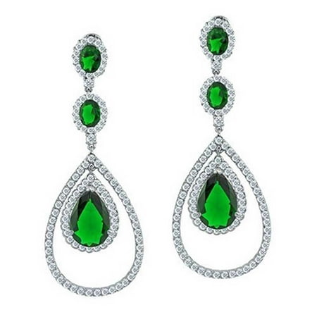 Bling Jewelry Simulated Emerald CZ Triple Teardrop Earrings Rhodium Plated Brass