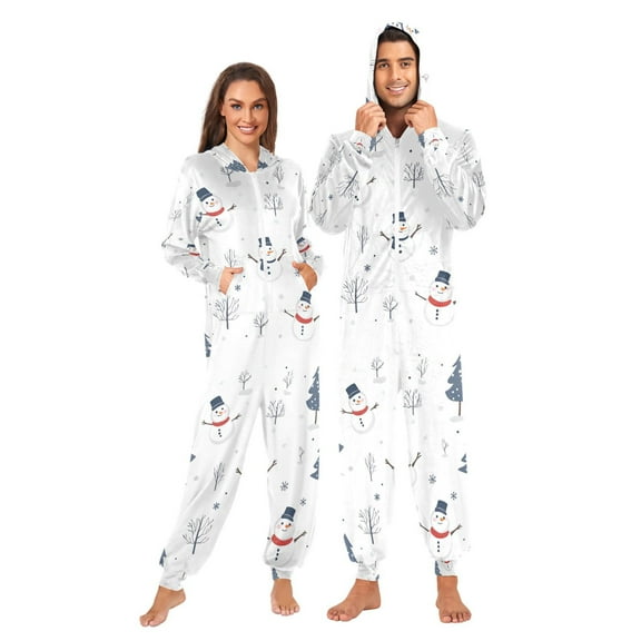 FORMRS Onesies Pajama for Adults Unisex Hoodie Winter Jumpsuit One Piece Sleepwear, Sizes S-2XL, Blue Cartoon Snowmen