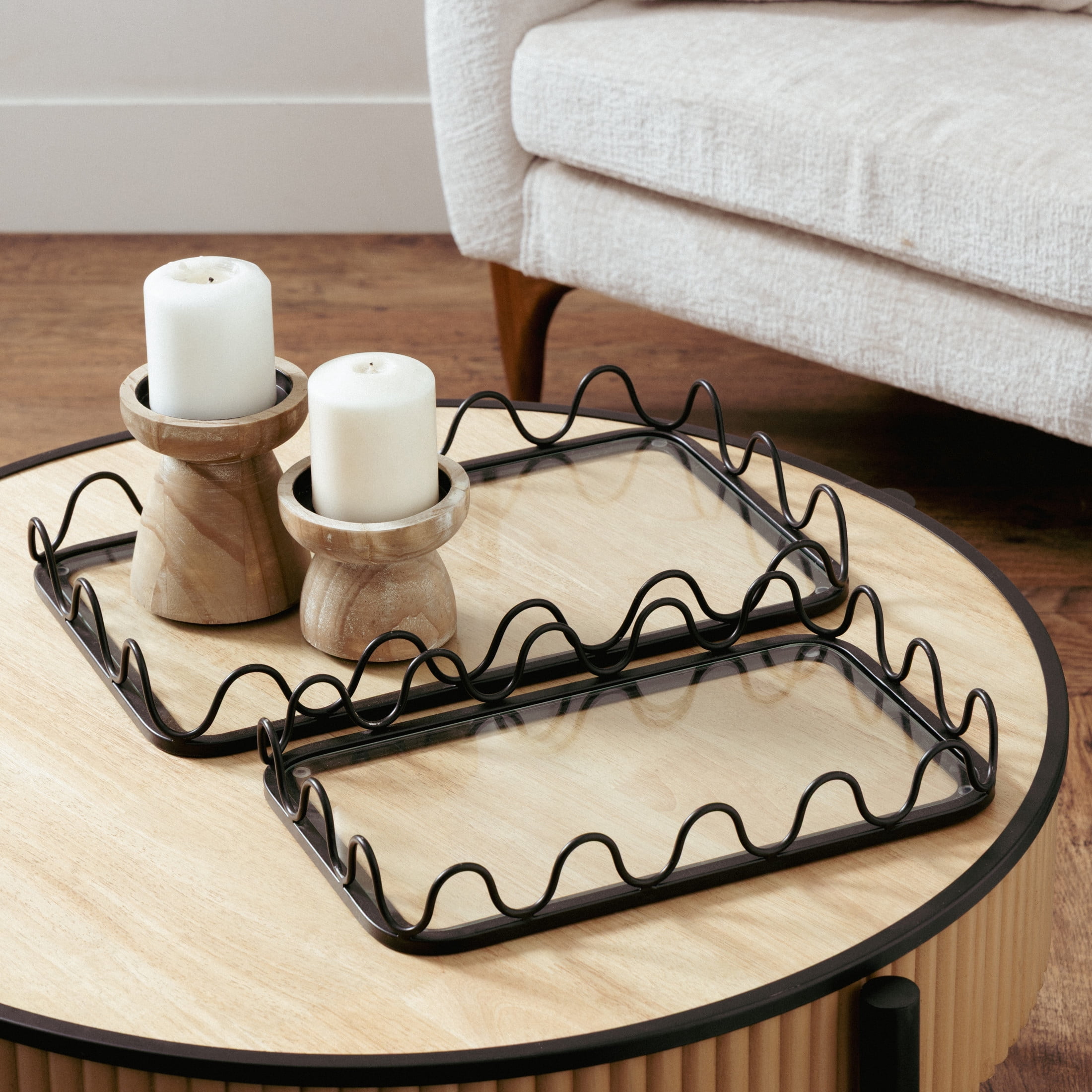 DecMode 18", 15"W Black Metal  Tray with Glass Base, 2-Pieces