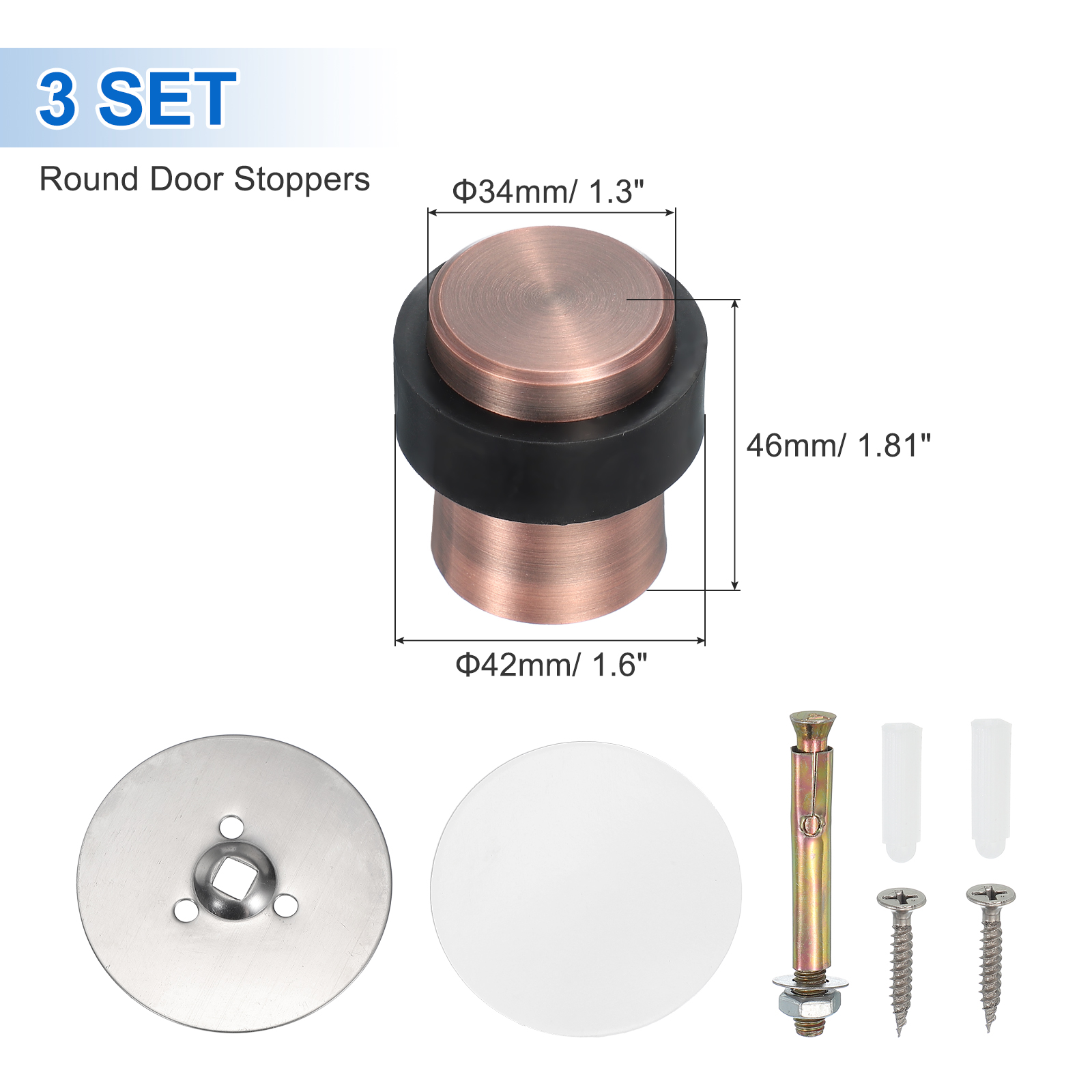3Set Round Door Stoppers, 46mm Stainless Steel Door Stop Doorstop Wedge Metal Cylinder Self Adhesive with Screw for Bottom of Door Floor Inside, Copper Tone