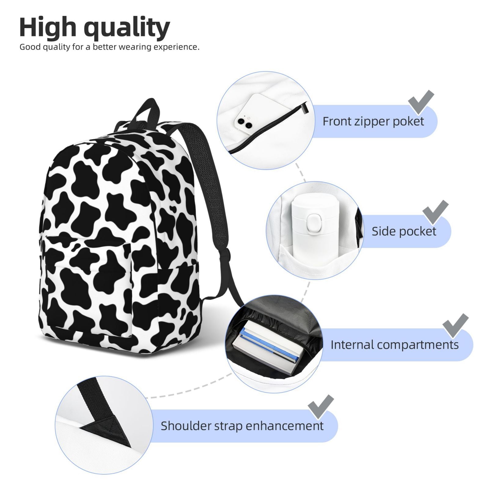 Rateoe Cow Print Black White Pattern Canvas College Laptop Backpack,Travel Daypack,Durable Rucksack Travel Notebook Bag School Backpack Book Bag for Men Women-Medium
