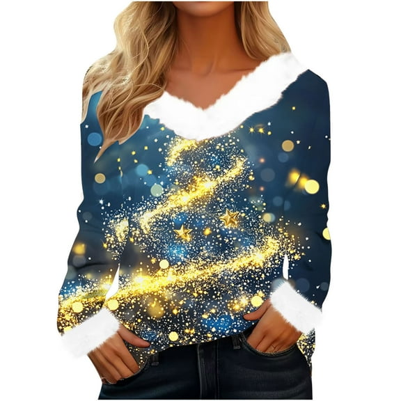 Lovskoo Merry Christmas Sweatshirts Women's Fluffy Trim V Neck Sweaters Casual Loose Xmas Long Sleeve Pullover G-Blue