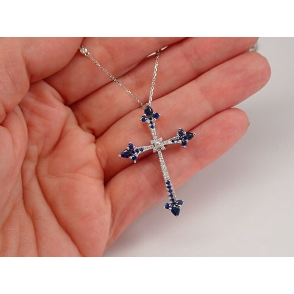2.20Ct Round Cut Lab-Created Blue Sapphire Women's Cross Pendant 14K White Gold Plated Free Chain 18"