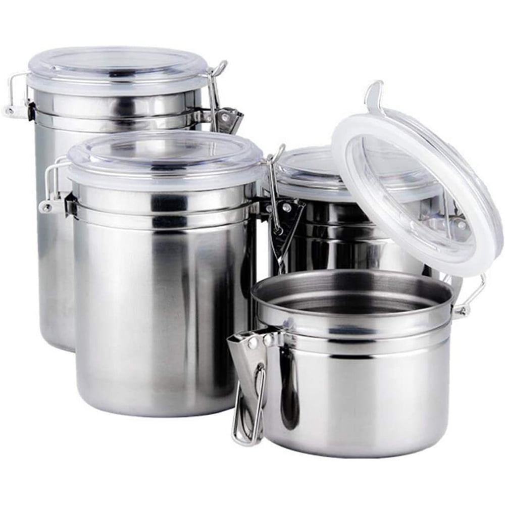 Anchor Hocking Round Stainless Steel Canister with Clear Acrylic Lid and Locking Clamp 34 oz Set of 4 