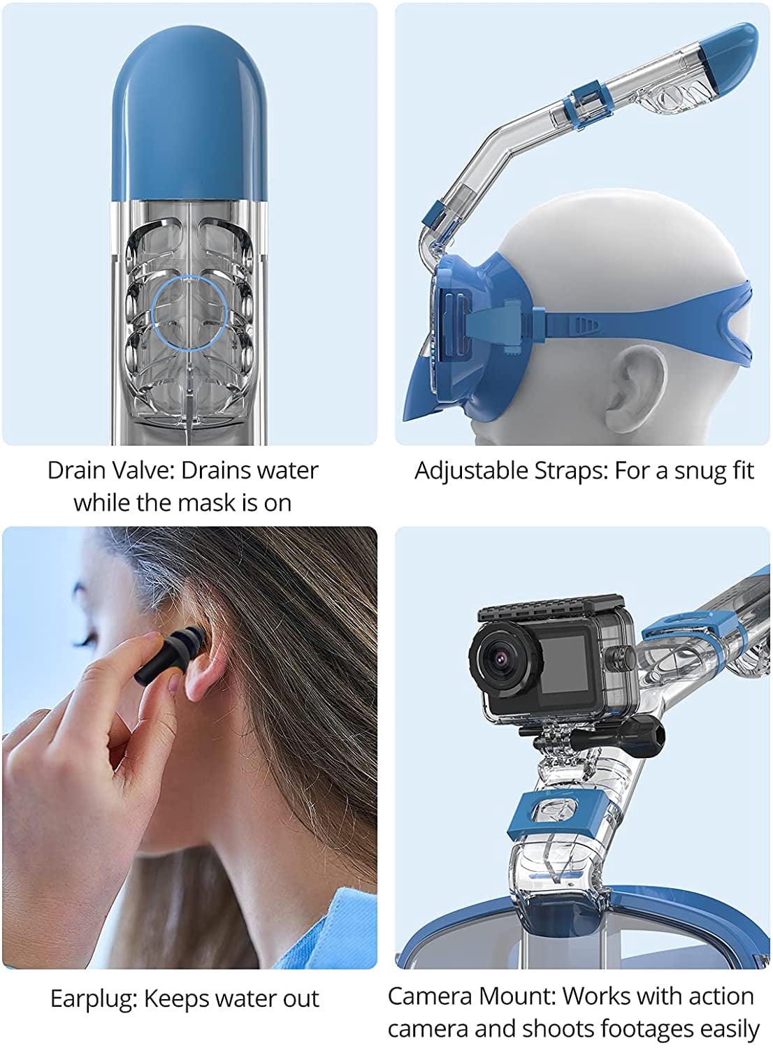 AKASO Snorkel Mask Broad View Anti-Fog Anti-Leak for Adults and Younger (Light Blue)