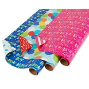 American Greetings Reversible Birthday Wrapping Paper, Stars, Polka Dots, and Balloons (3 Pack, 120 sq. ft)