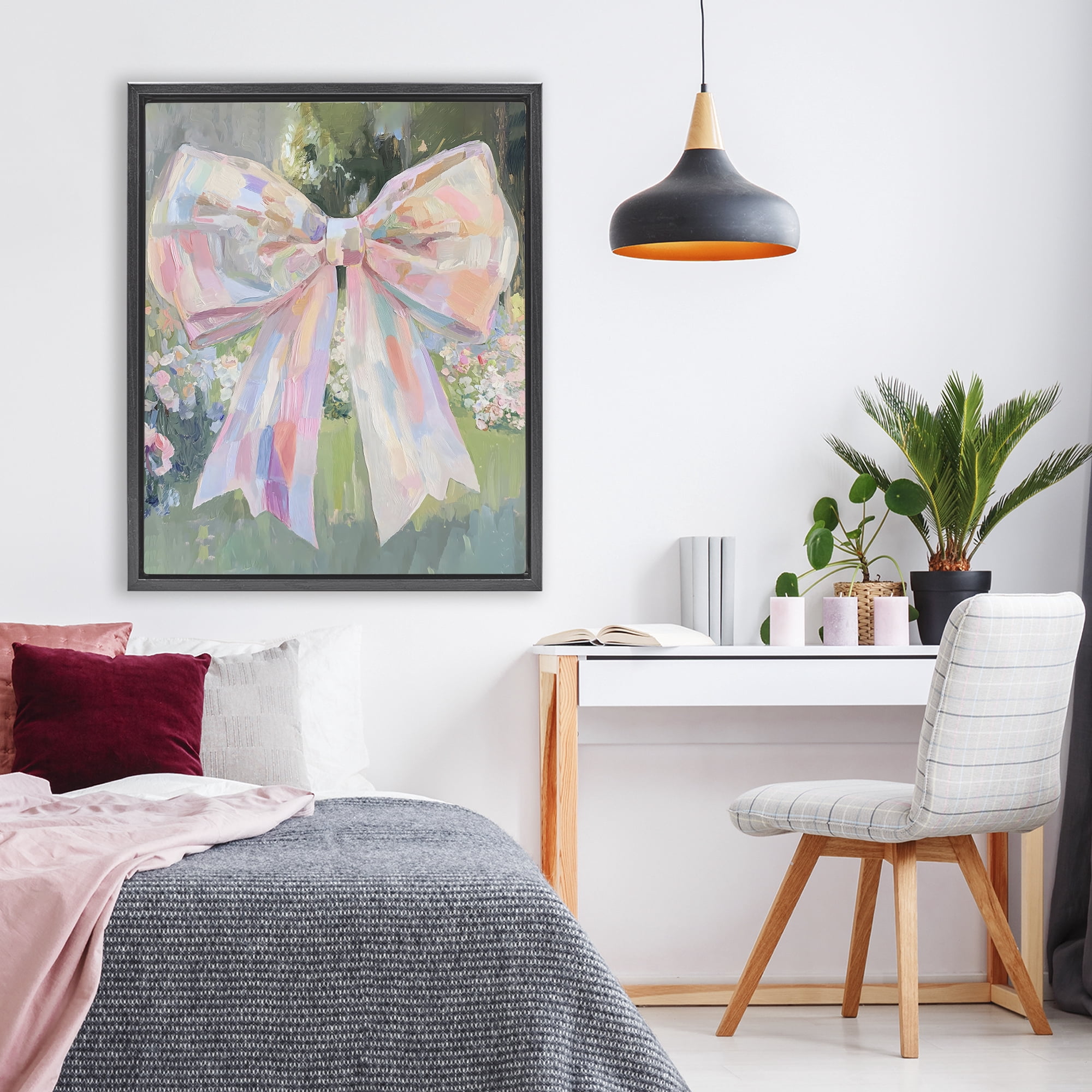 Stupell Industries Iridescent Pink Bow in Garden Black Framed Floater Canvas Wall Art, design by The Prints Vibe